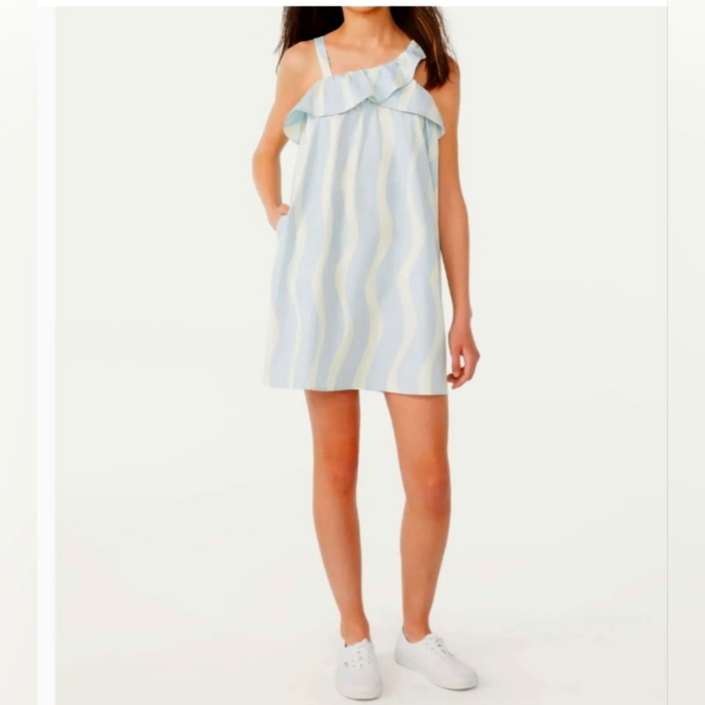 FREE ASSEMBLY| girls clear blue baby doll dress with assymetrical neckline